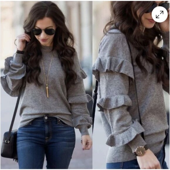 NEW Banana Republic Womens Gray Cashmere Wool‎ Ruffle Sleeve Sweater Size XS - Picture 1 of 9